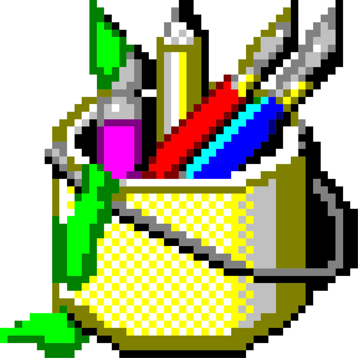 ms paint logo, which is a pixel drawn paint bucket filled with different art tools