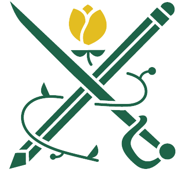 green logo of a sword crossed with a pencil with a vine tied around it with a yellow flower at the top