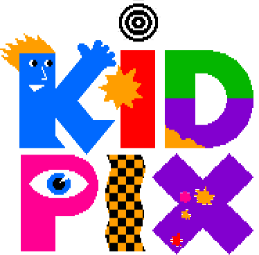 the kid pix logo which is a lot- I'll try to describe. The K is blue and is made to look like a person with yellow hair who is smiling and has a hand waving and two feet. The I is red and has a random yellow blotch in the middle of it and the dot on the eye is a hypnotic white and black pattern. The D is top half green, bottom half purple, tiny bottom left corner yellow for some reason. The p is fully pink and has an eye staring at the viewer. The second I has black and yellow checkers. And the X is mostly purple save some pink and yellow drip like splotches... Wild logo. Kinda love it.