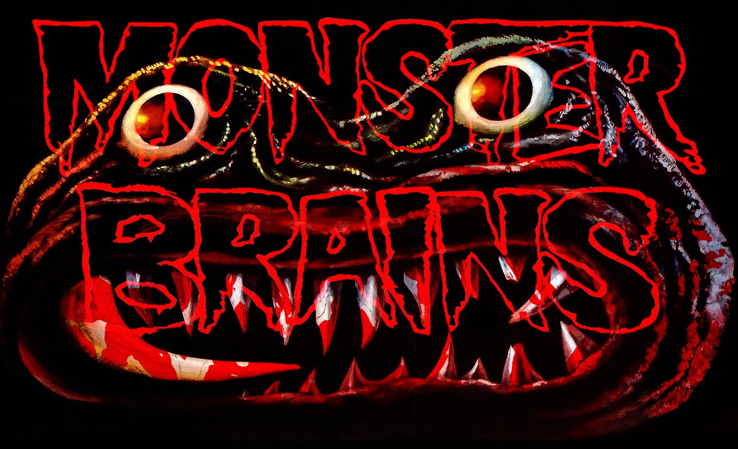 face of a monster with wide eyes and teeth with the overlayed bold text that says Monster Brains