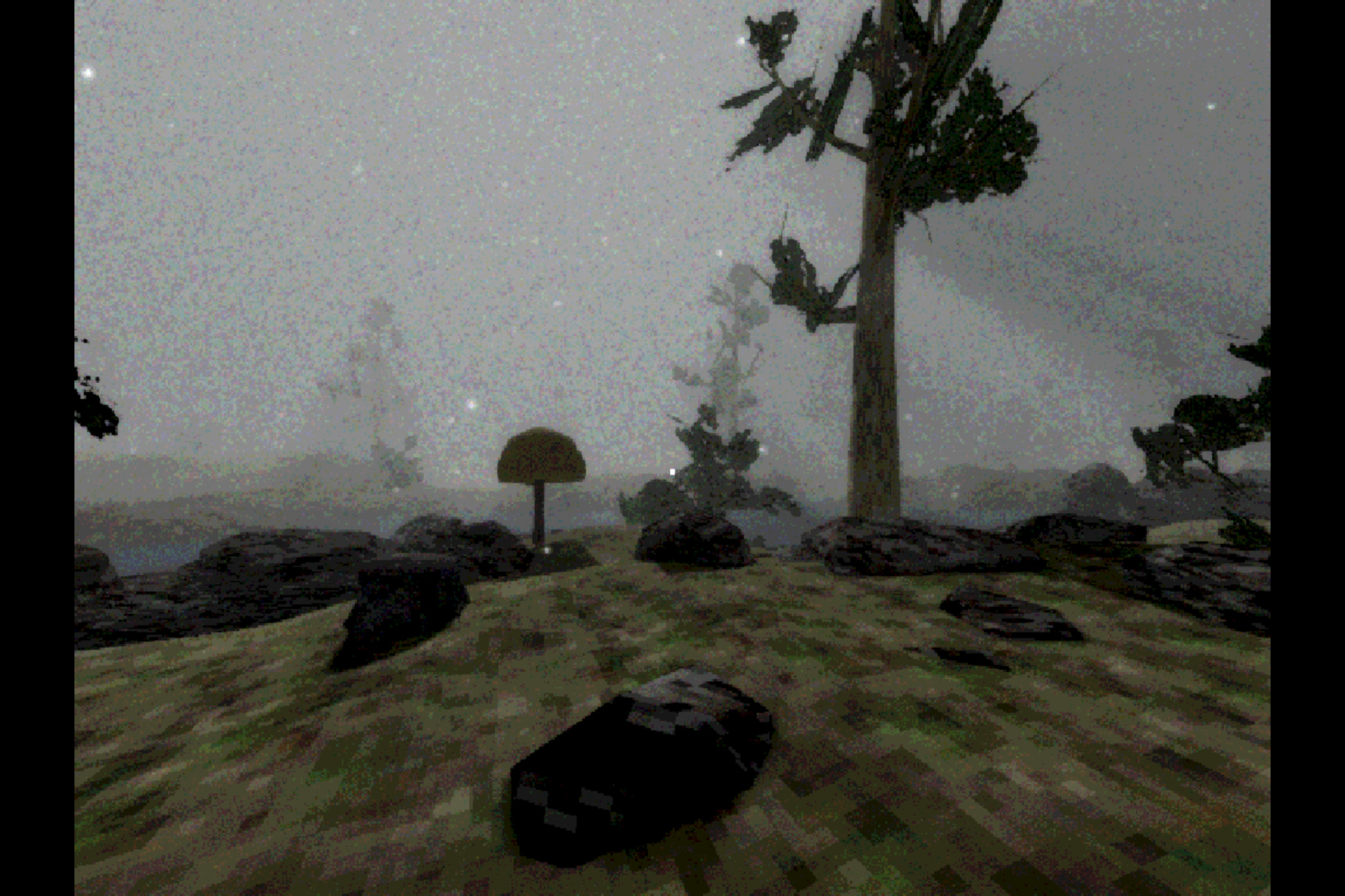 eerie swamp with giant mushrooms