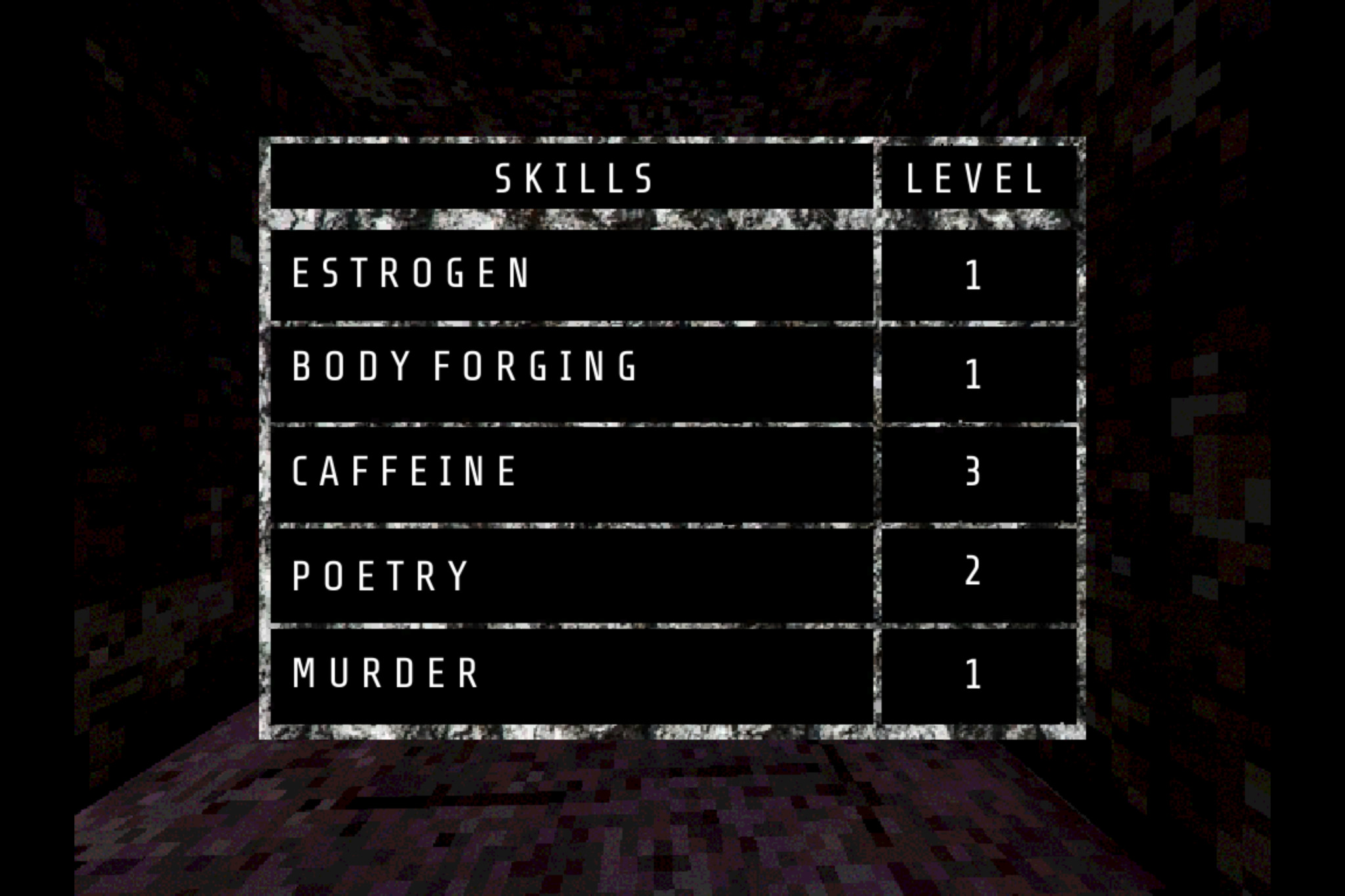 skills list with: estrogen, body forging, caffeine, poetry, and murder